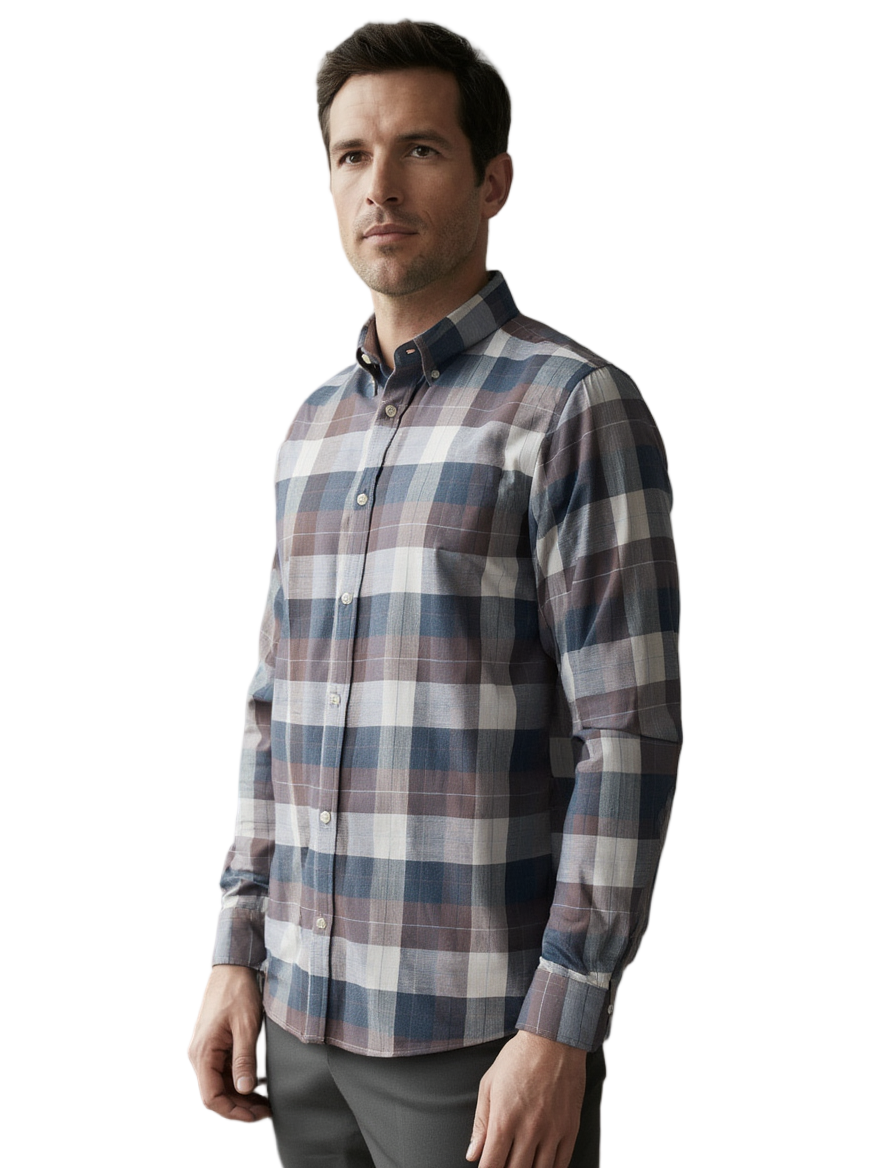 Chemise Homme À Carreaux Oxford Coton, Style Classique, Coupe Droite, Manches Longues, Confort