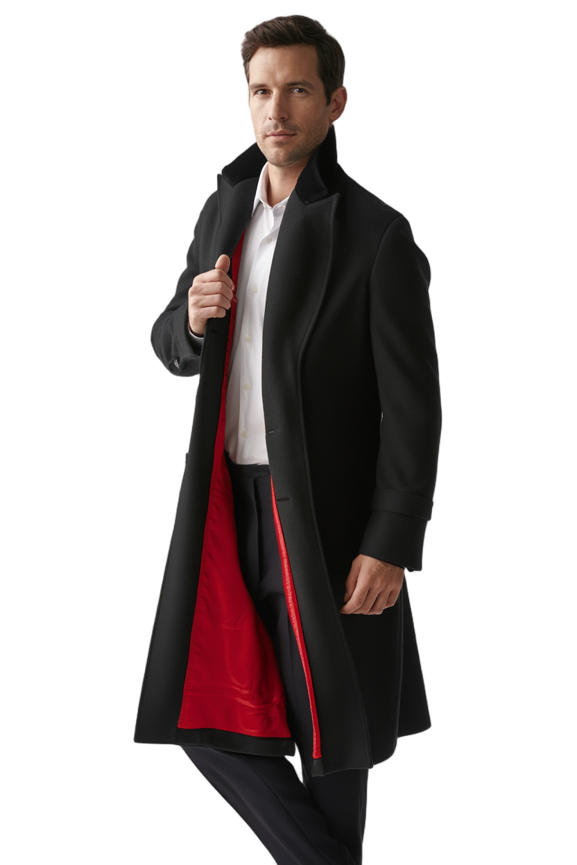 Manteau Long en Laine avec Col en Velours et Doublure Rouge pour Élégance Automnale 1