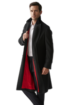 Manteau Long en Laine avec Col en Velours et Doublure Rouge pour Élégance Automnale 1