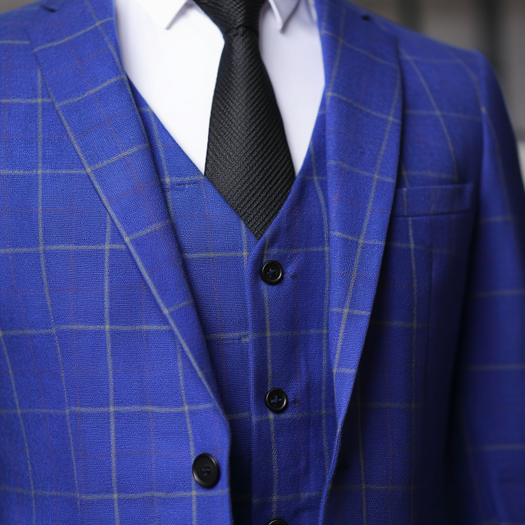 Costume Homme 3 Pièces Slim Fit à Carreaux Marine | Élégance pour Mariage et Événements 5