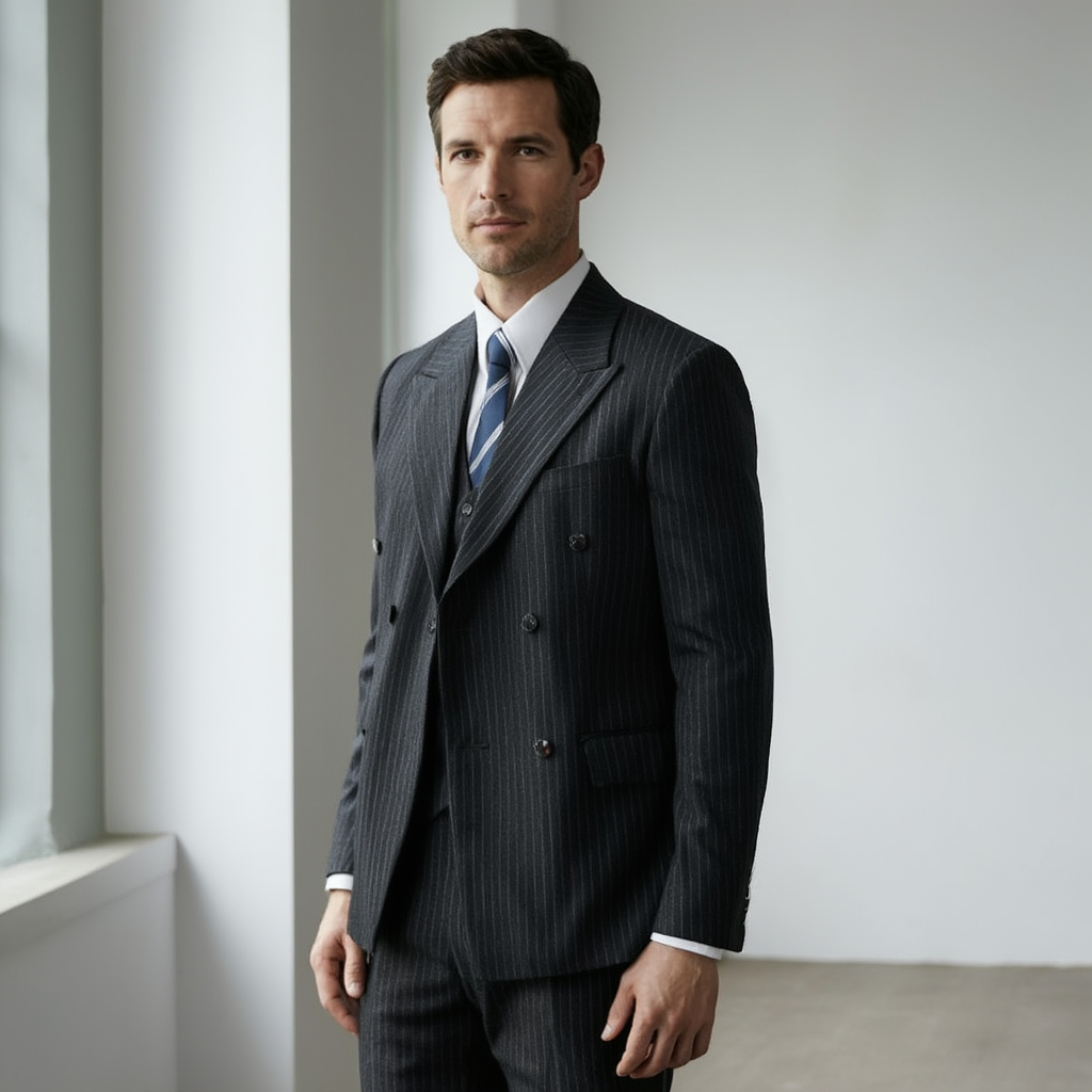 Costume Homme 3 Pièces Élégant avec Design Croisé et Rayures Fines pour Mariage et Événements 4