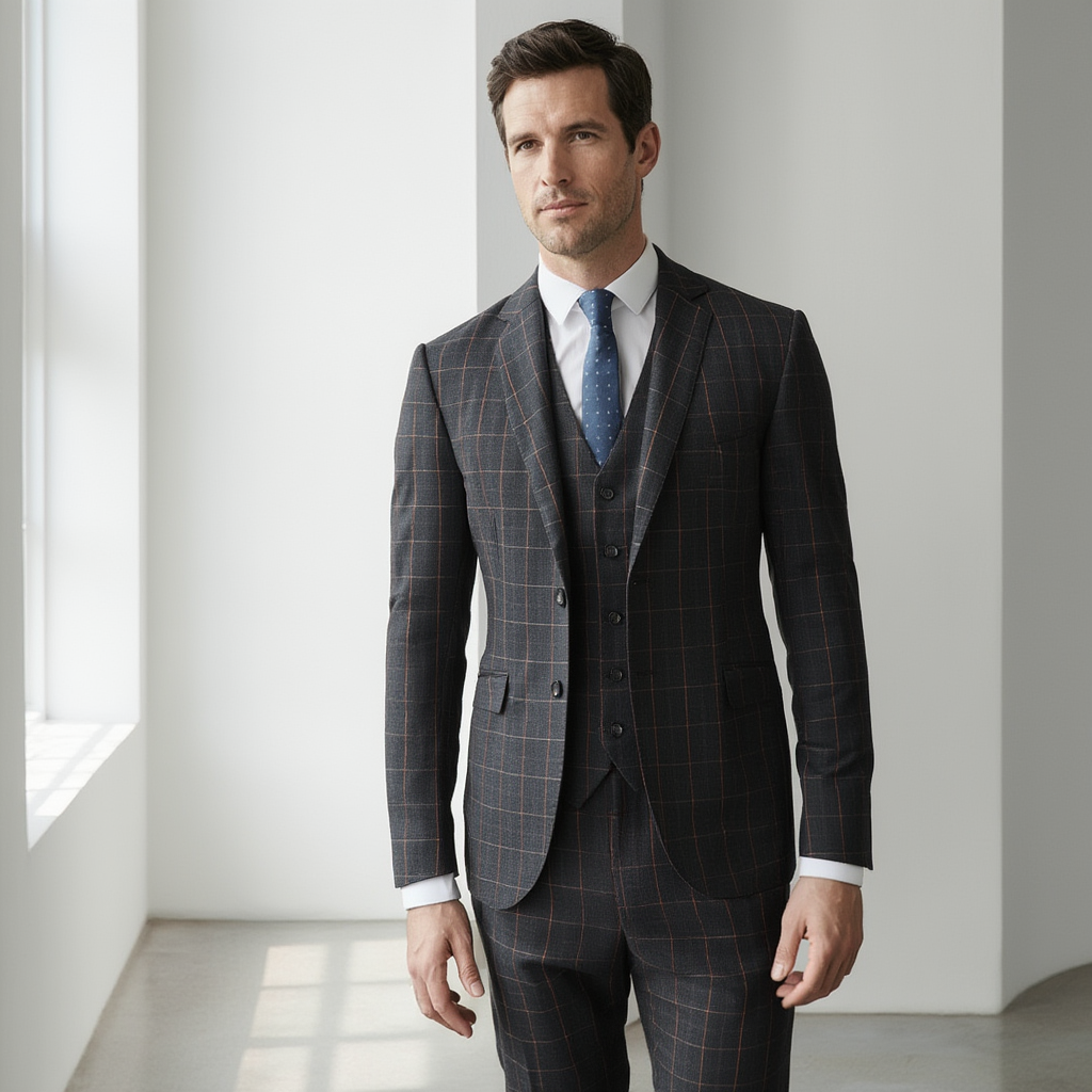 Costume Slim 3 Pièces à Carreaux Bordeaux avec Blazer Ajusté | Élégance pour Événements 2