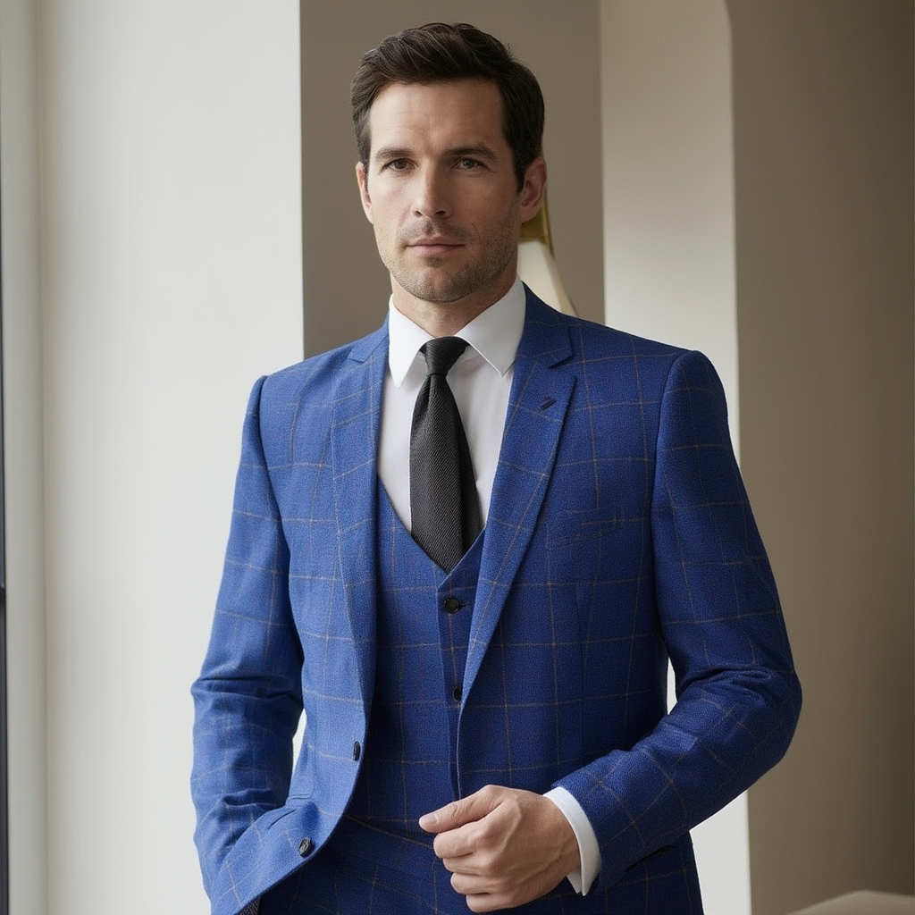 Costume Homme 3 Pièces Slim Fit à Carreaux Marine | Élégance pour Mariage et Événements 4