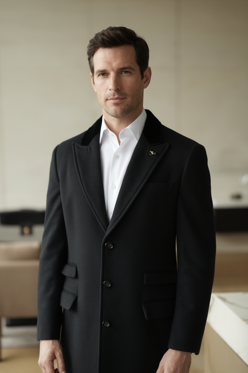 Manteau Long en Laine avec Col en Velours et Doublure Rouge pour Élégance Automnale 2