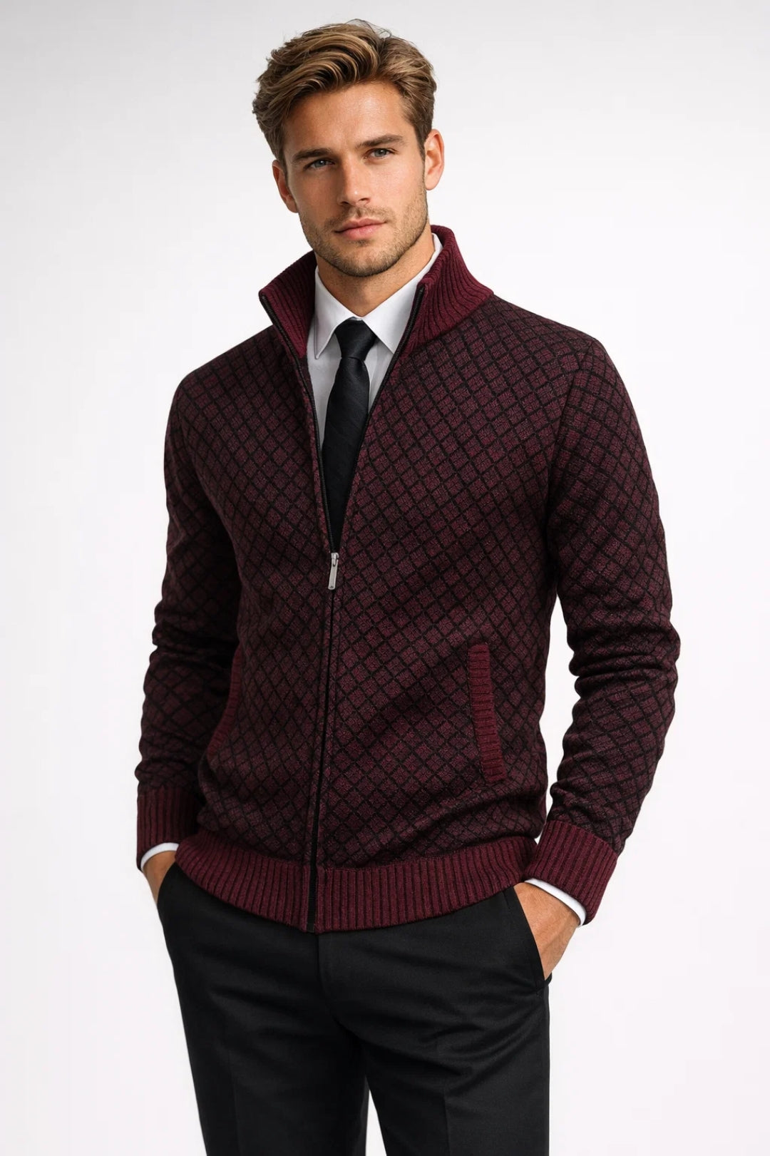 Élégance | Gilet Zippé en Maille pour Homme avec Motif Géométrique | Style Business Casual pour Confort et Modernité 7