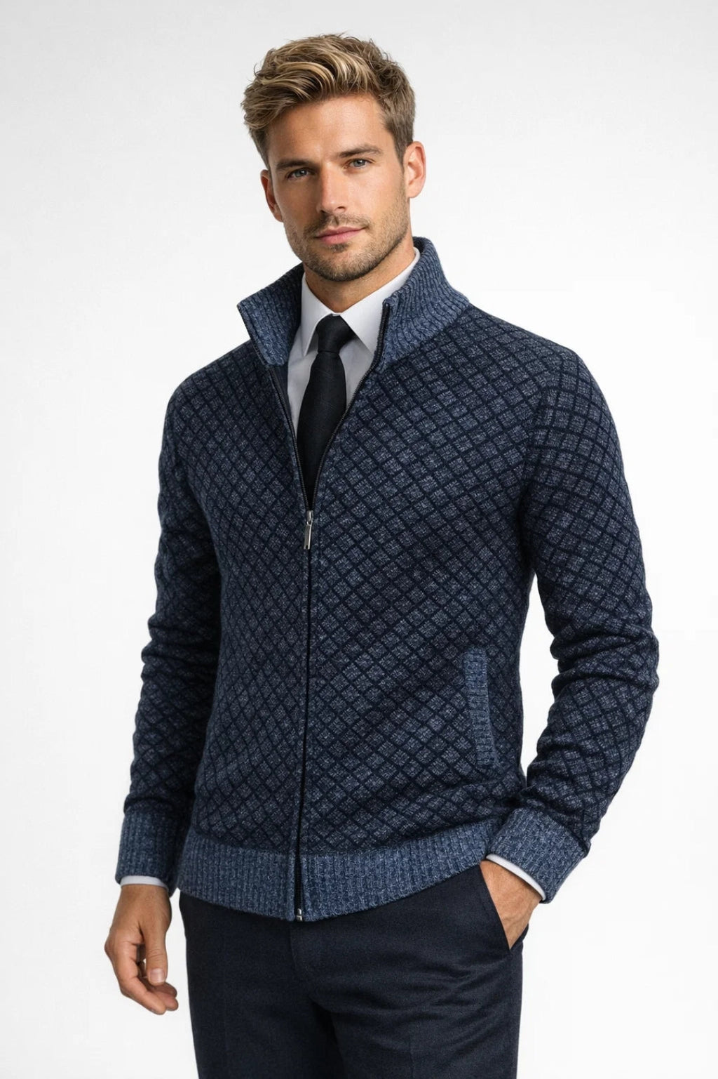 Élégance | Gilet Zippé en Maille pour Homme avec Motif Géométrique | Style Business Casual pour Confort et Modernité 8