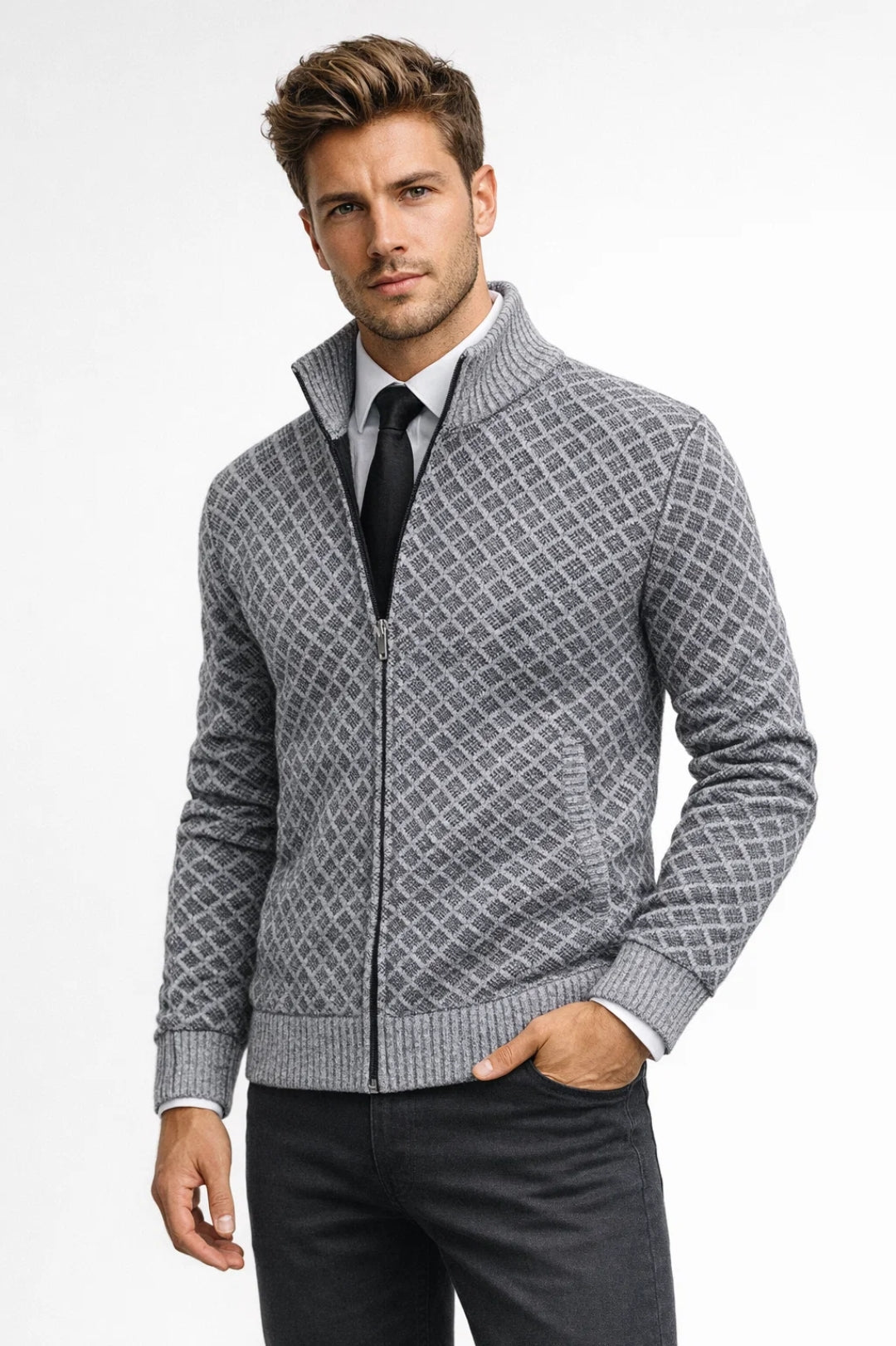 Élégance | Gilet Zippé en Maille pour Homme avec Motif Géométrique | Style Business Casual pour Confort et Modernité 9