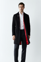 Manteau Long en Laine avec Col en Velours et Doublure Rouge pour Élégance Automnale 3
