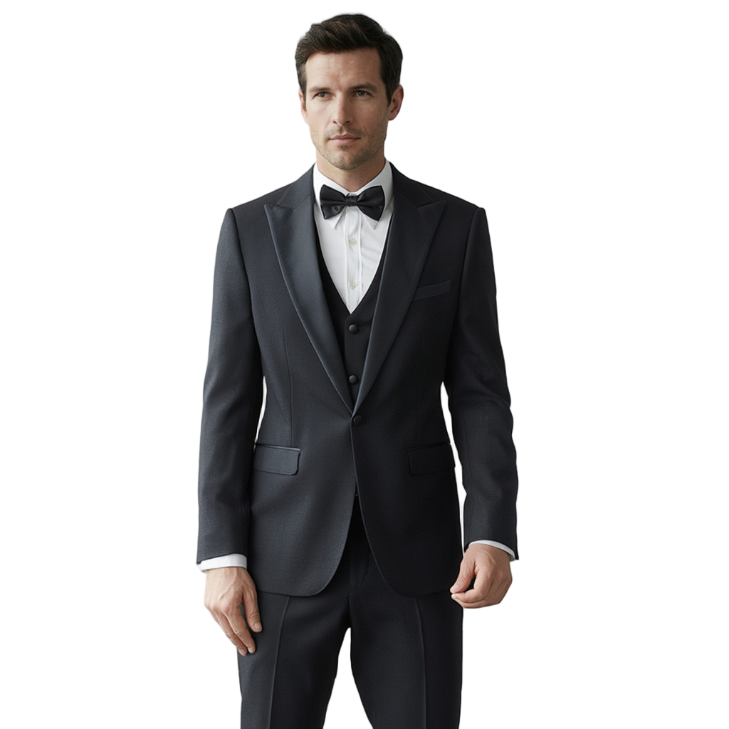 Élégance Noire | Smoking Slim Homme en Laine avec Revers en Satin | Ensemble 3 Pièces pour Mariages 1