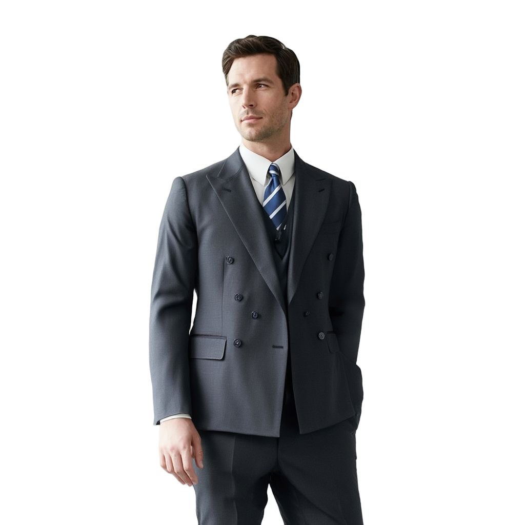 Costume Homme 3 Pièces Élégant avec Design Croisé et Rayures Fines pour Mariage et Événements 1