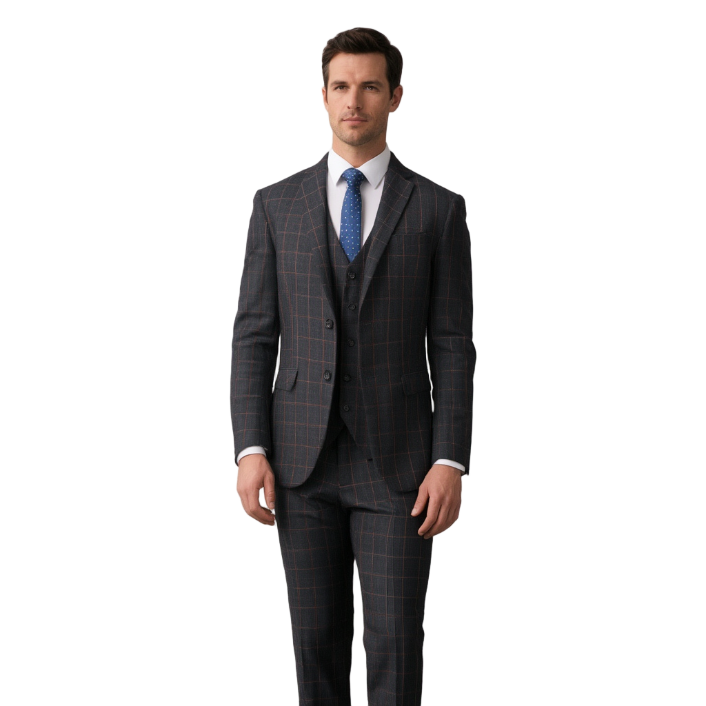 Costume Slim 3 Pièces à Carreaux Bordeaux avec Blazer Ajusté | Élégance pour Événements 1