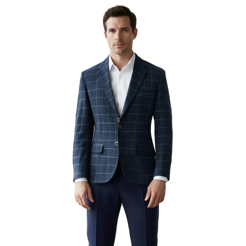 Veste Élégante pour Homme | Veste Carreaux Bleu Marine Ajustée avec Détails Contemporains | Polyvalente pour Bureau et Sorties 1