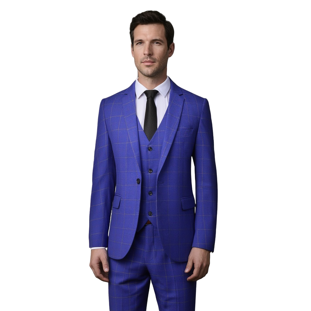 Costume Homme 3 Pièces Slim Fit à Carreaux Marine | Élégance pour Mariage et Événements 1