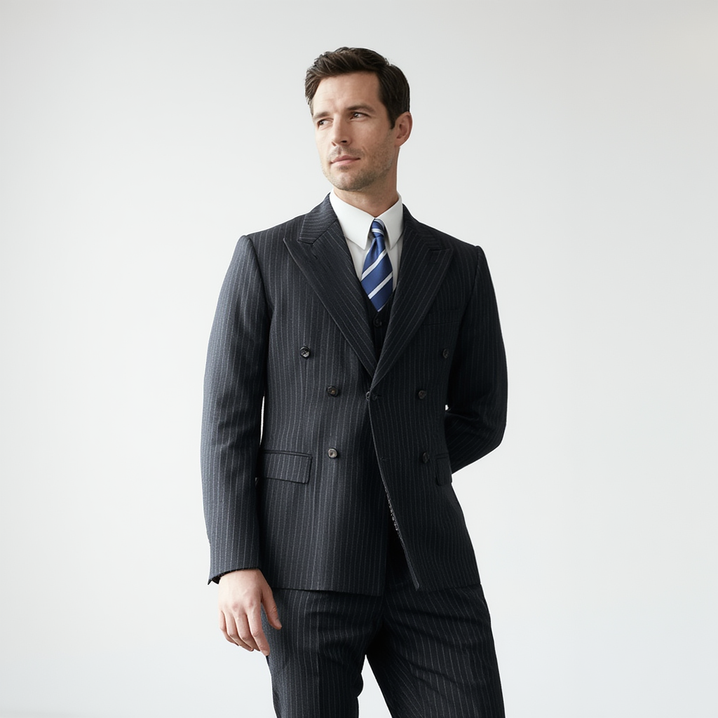 Costume Homme 3 Pièces Élégant avec Design Croisé et Rayures Fines pour Mariage et Événements 2