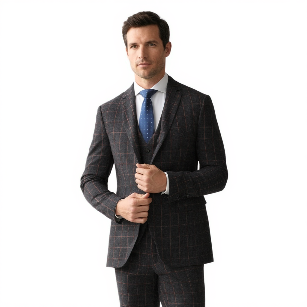 Costume Slim 3 Pièces à Carreaux Bordeaux avec Blazer Ajusté | Élégance pour Événements 8