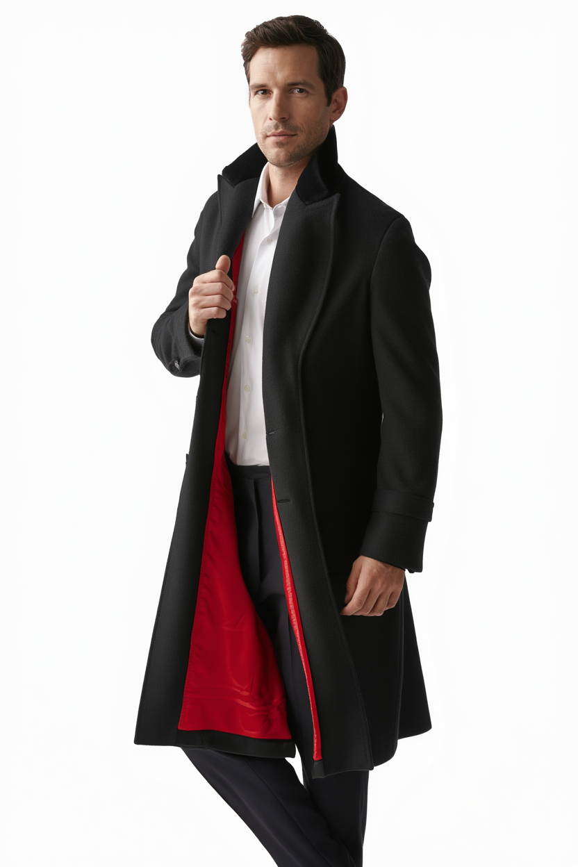 Manteau Long en Laine avec Col en Velours et Doublure Rouge pour Élégance Automnale 5