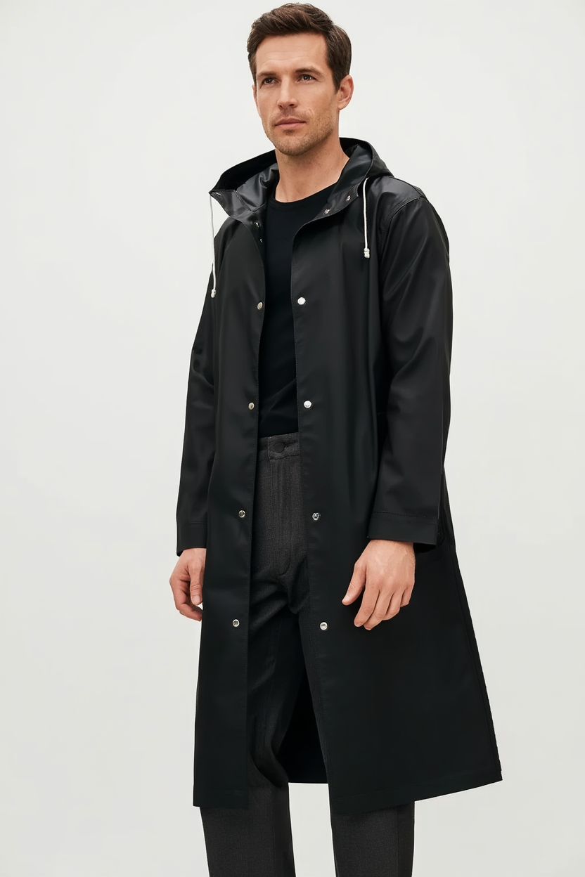 Trench Minimaliste | Imperméable Long avec Capuche Intégrée | Élégance Urbaine pour Mi-Saison 2
