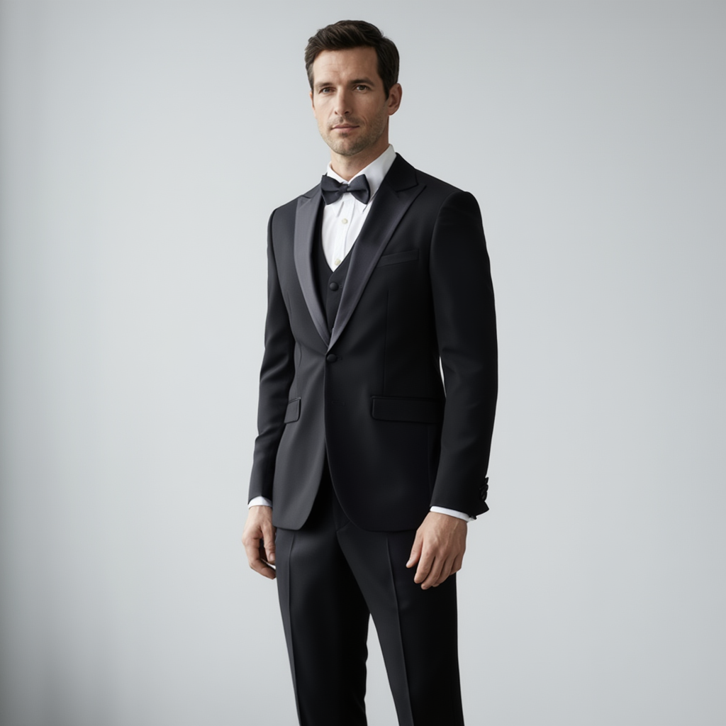 Élégance Noire | Smoking Slim Homme en Laine avec Revers en Satin | Ensemble 3 Pièces pour Mariages 2