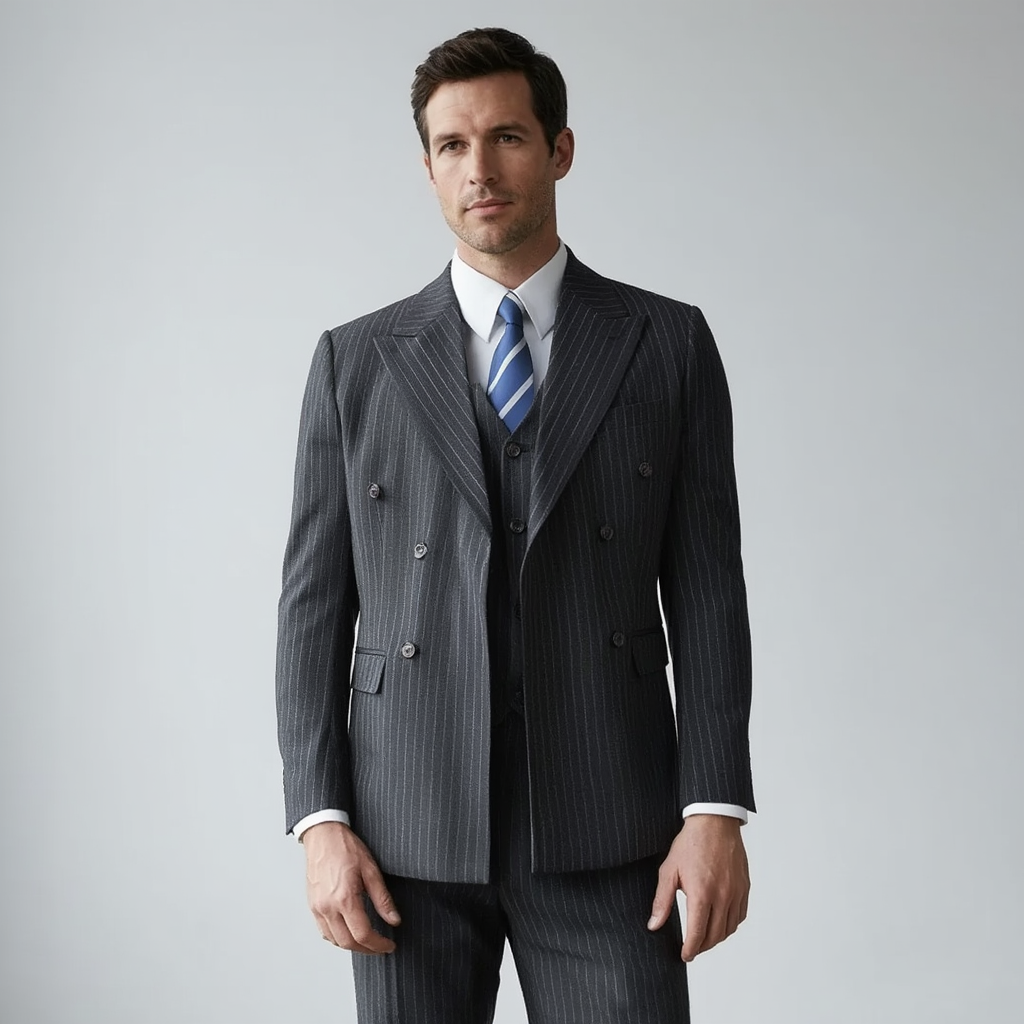 Costume Homme 3 Pièces Élégant avec Design Croisé et Rayures Fines pour Mariage et Événements 3
