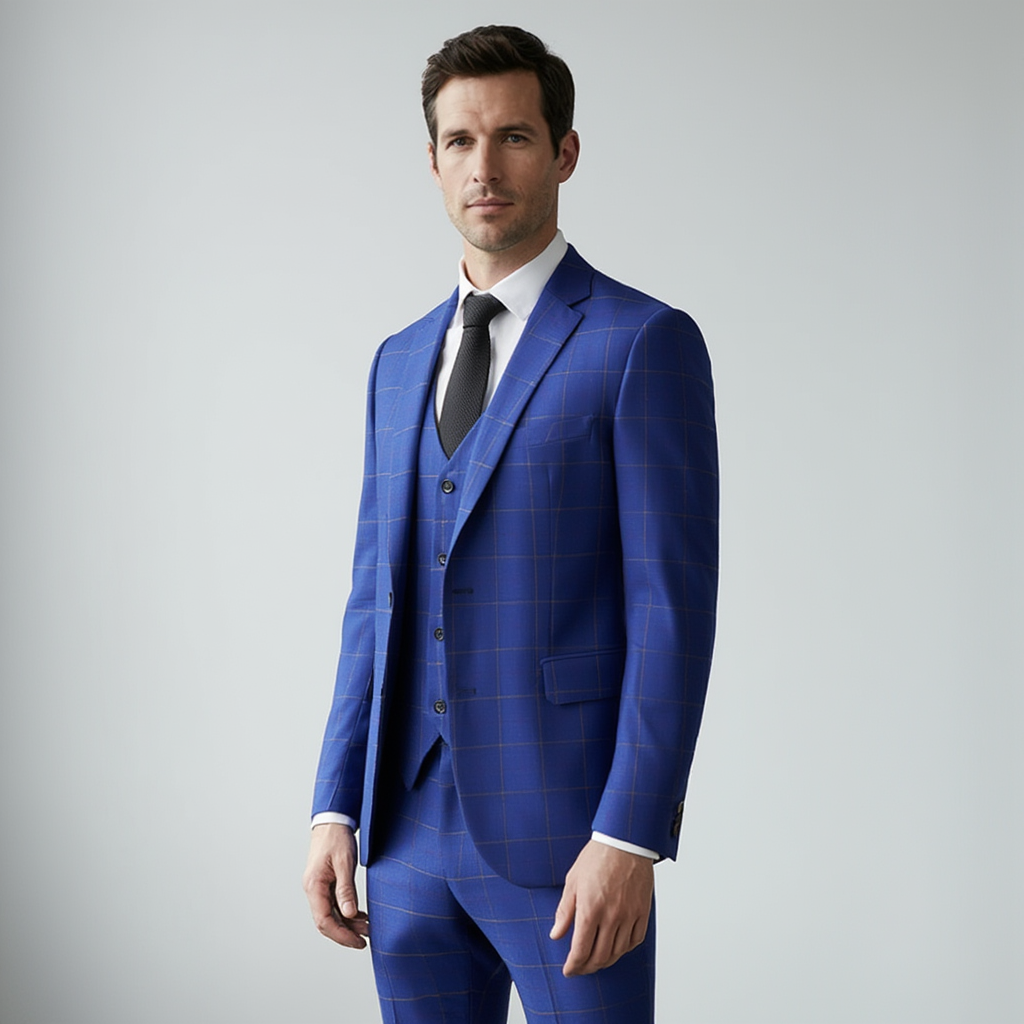 Costume Homme 3 Pièces Slim Fit à Carreaux Marine | Élégance pour Mariage et Événements 2