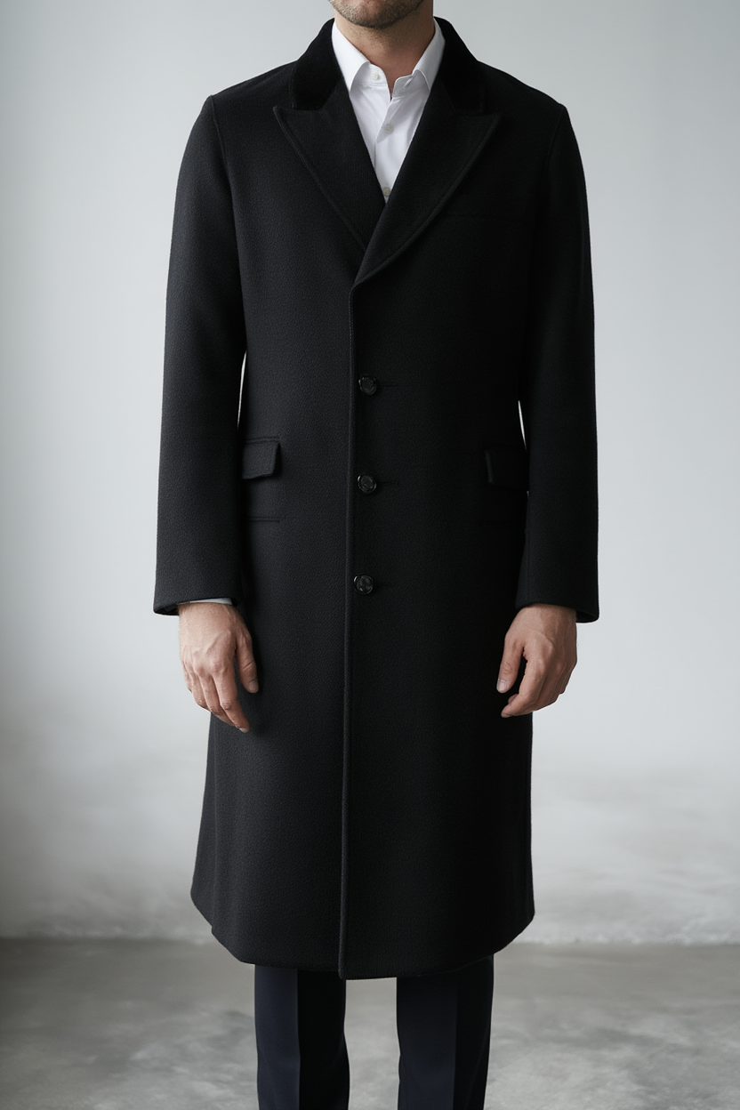 Manteau Long en Laine avec Col en Velours et Doublure Rouge pour Élégance Automnale 4