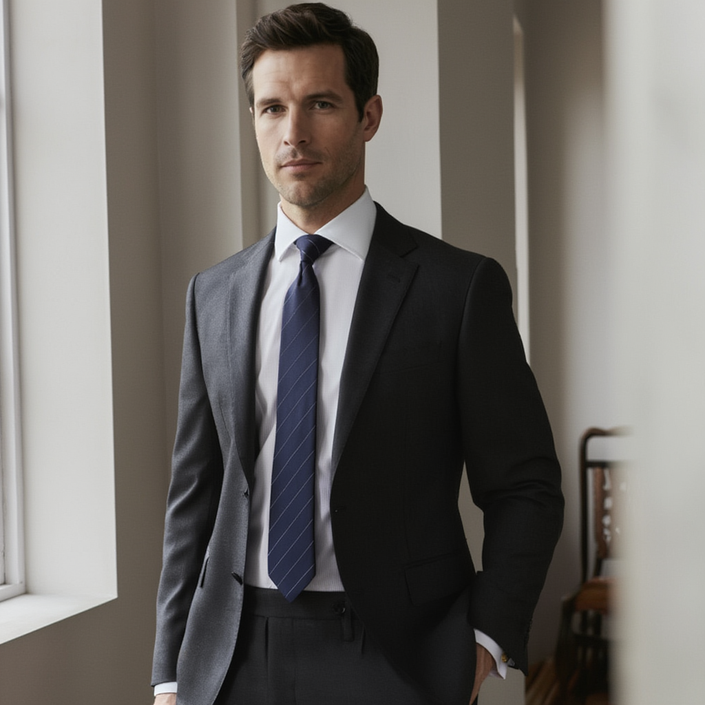 Lucas | Élégante Cravate Homme en Coton Rayé Bleu Marine 4