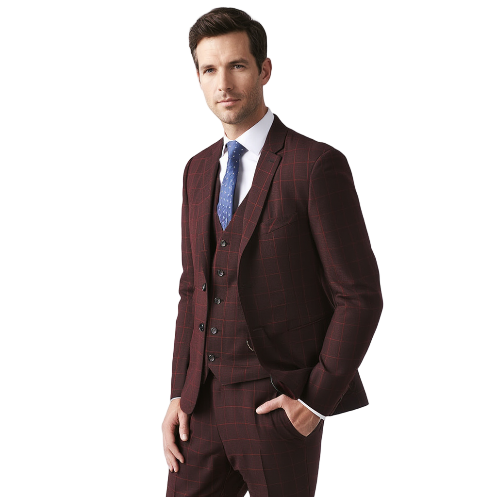 Costume Slim 3 Pièces à Carreaux Bordeaux avec Blazer Ajusté | Élégance pour Événements 7
